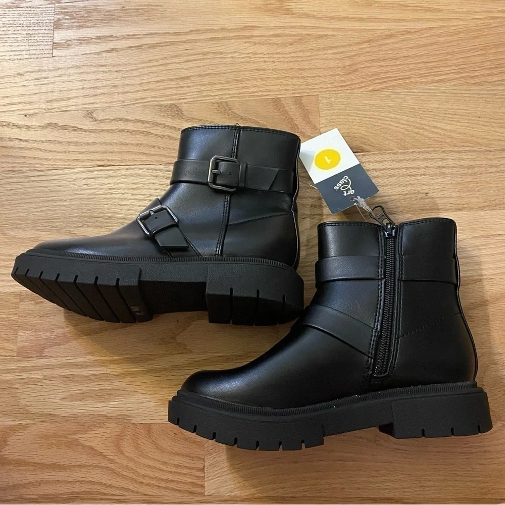 Cat & Jack Double Buckle Moto Boots NEW Sz 1 Kids Black Zip Up Heeled